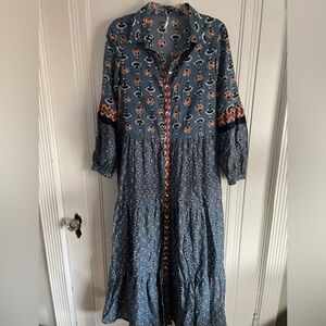 Free People Block Print Long Sleeve Button Down Papillion Dress | Size Small